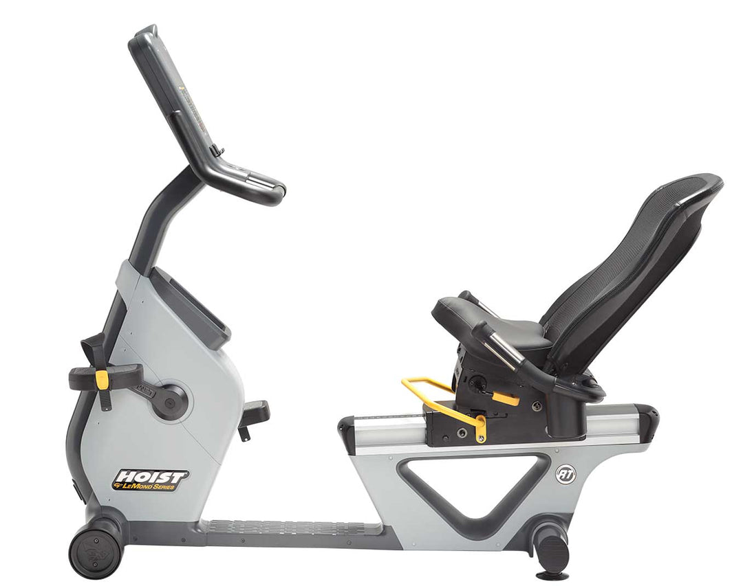 Hoist Lemond RT recumbent bike with step-through design, reclined seat, and oversized pedals