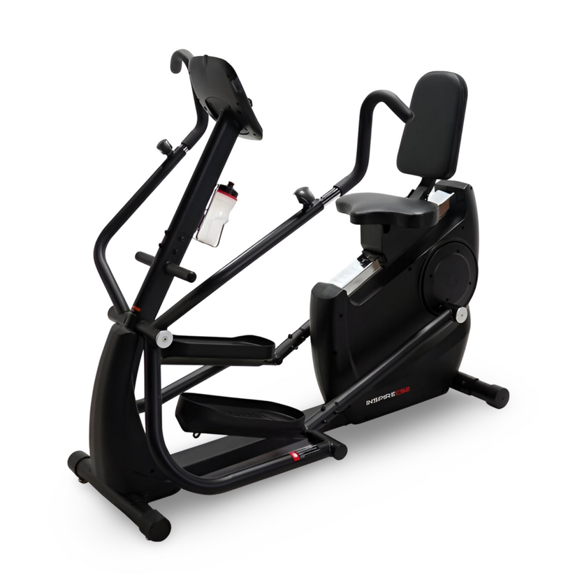 Inspire CS3 cardio strider with heavy-duty steel frame with matte black finish and chrome and red details
