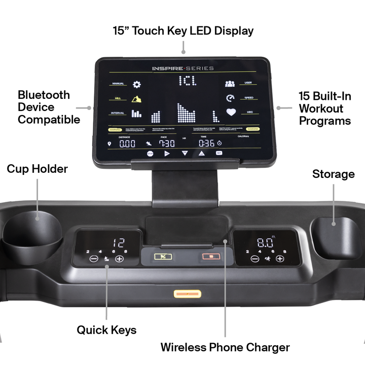 Inspire Series T5 folding treadmill dashboard features
