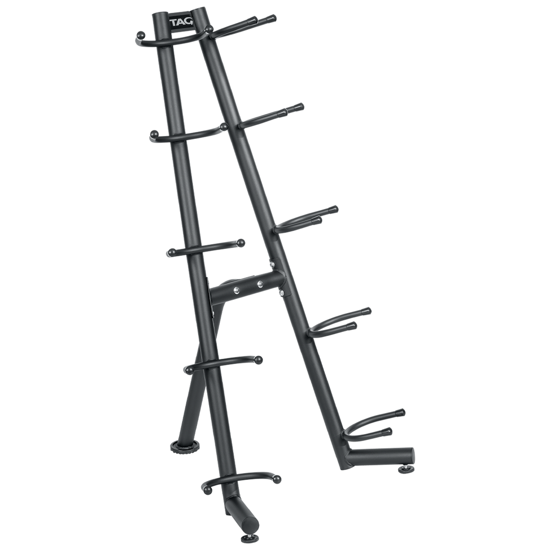 Black vertical medicine ball storage rack with multiple holders designed to store up to 10 medicine balls