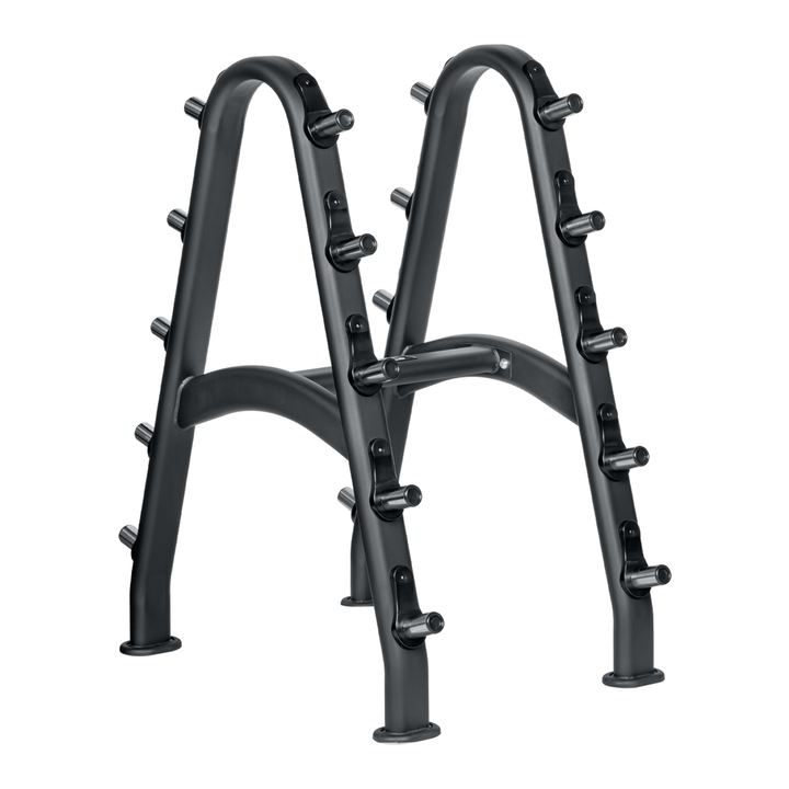 Black freestanding fixed barbell storage rack with holders designed to store up to 10 fixed barbells
