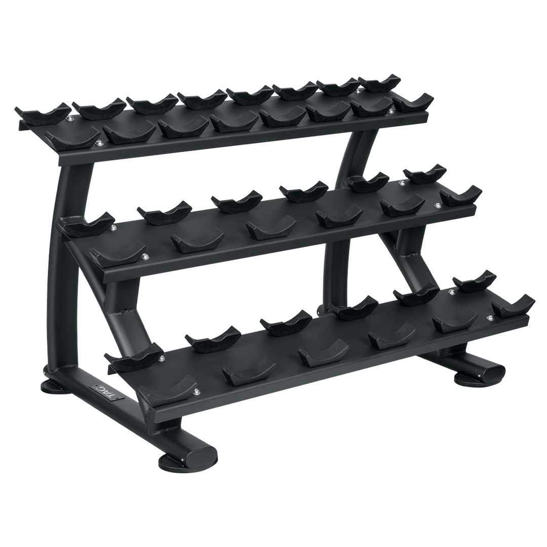 Black 10-pair saddle dumbbell rack with three storage tiers for round or 8-sided dumbbells