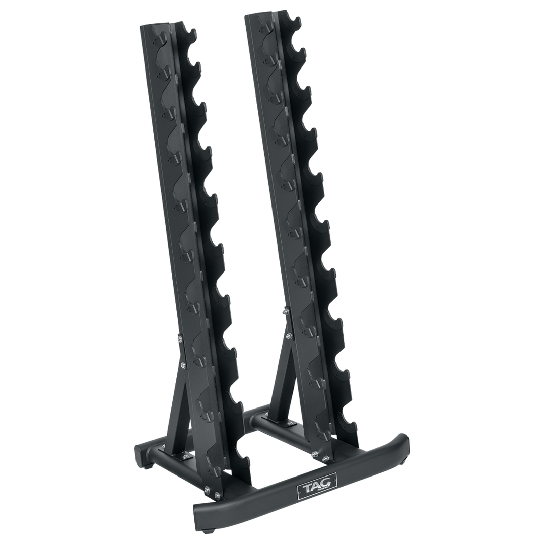 Black vertical hex dumbbell rack with two storage columns designed to hold 10 pairs of 5-50 lb dumbbells
