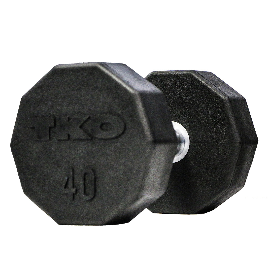 10-sided rubber dumbbell showing anti-roll head design and chrome handle