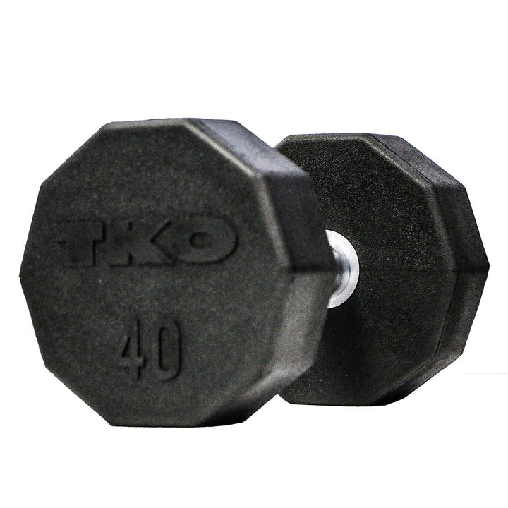 10-sided rubber dumbbell showing anti-roll head design and chrome handle