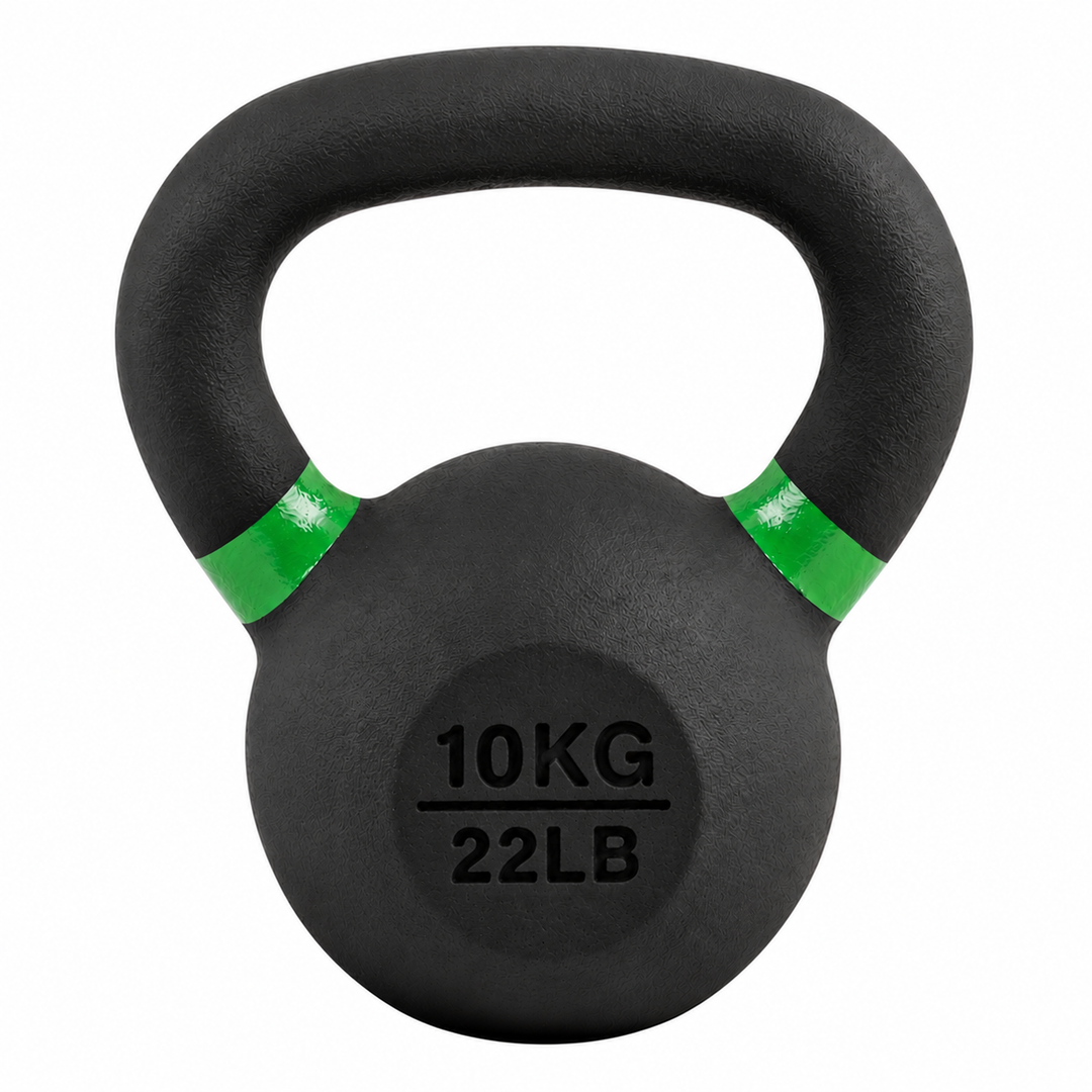 Black 10 kg powder coated kettlebell with green weight stripe and 22 lb label