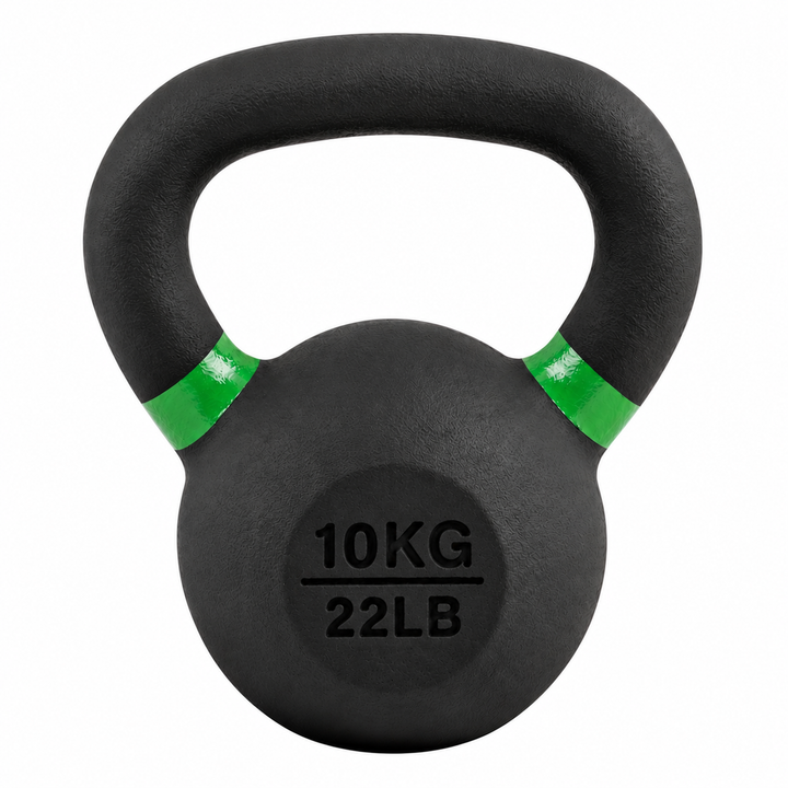 Black 10 kg powder coated kettlebell with green weight stripe and 22 lb label