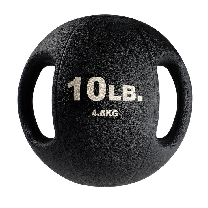 10 lb Body-Solid dual grip medicine ball with integrated rubber handles.
