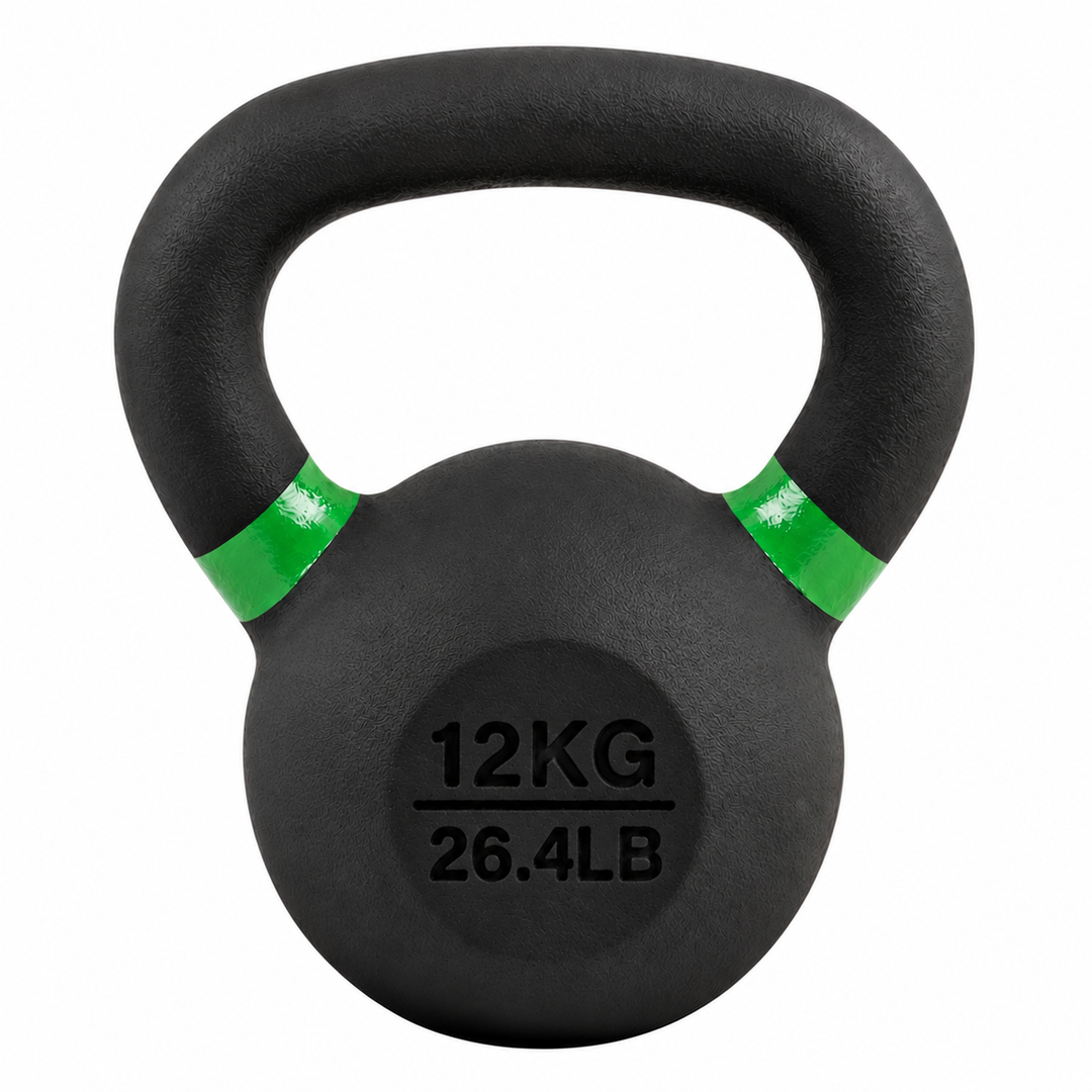 Black 12 kg powder coated kettlebell with green weight stripe and 26.4 lb label