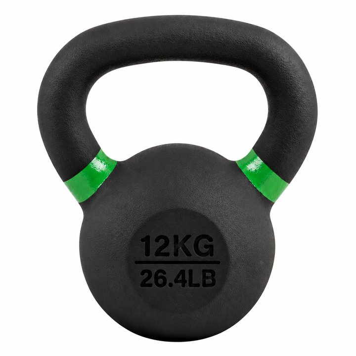 Black 12 kg powder coated kettlebell with green weight stripe and 26.4 lb label