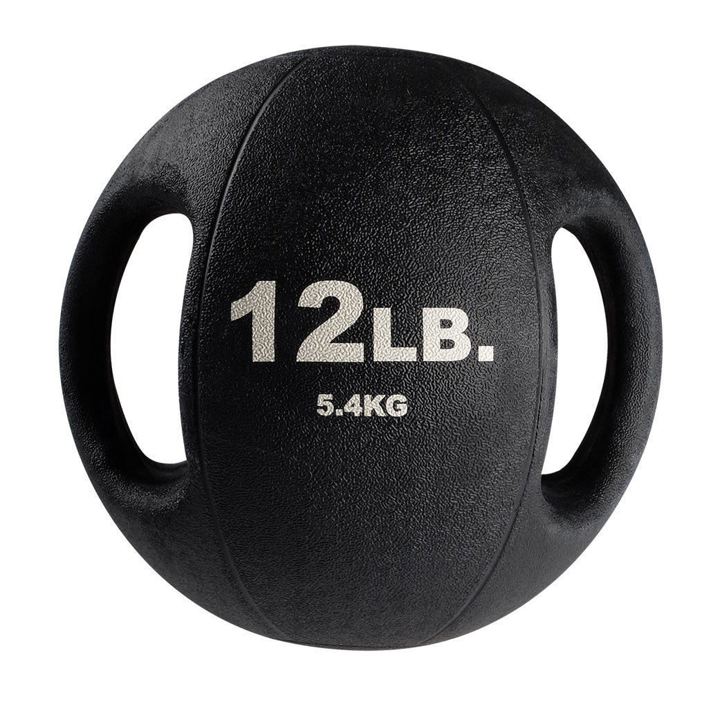 12 lb Body-Solid dual grip medicine ball with integrated rubber handles.