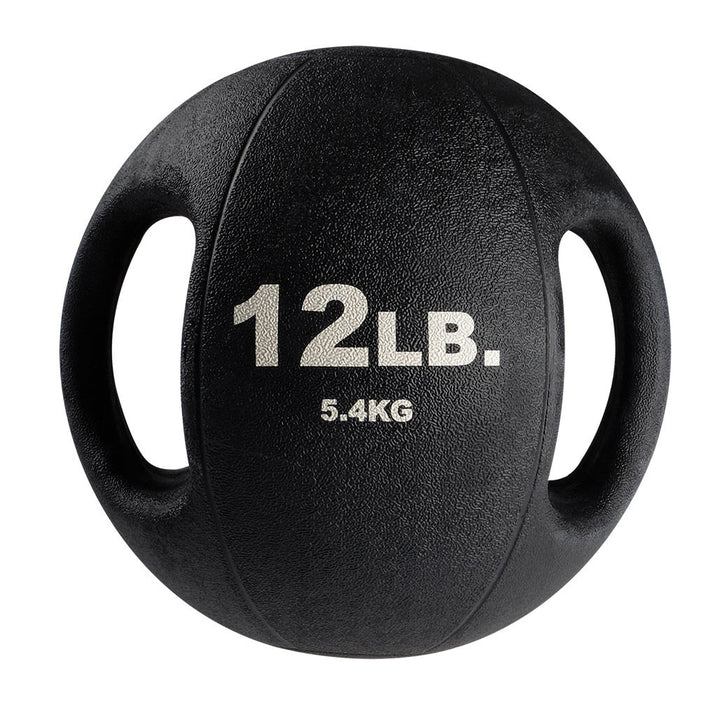 12 lb Body-Solid dual grip medicine ball with integrated rubber handles.