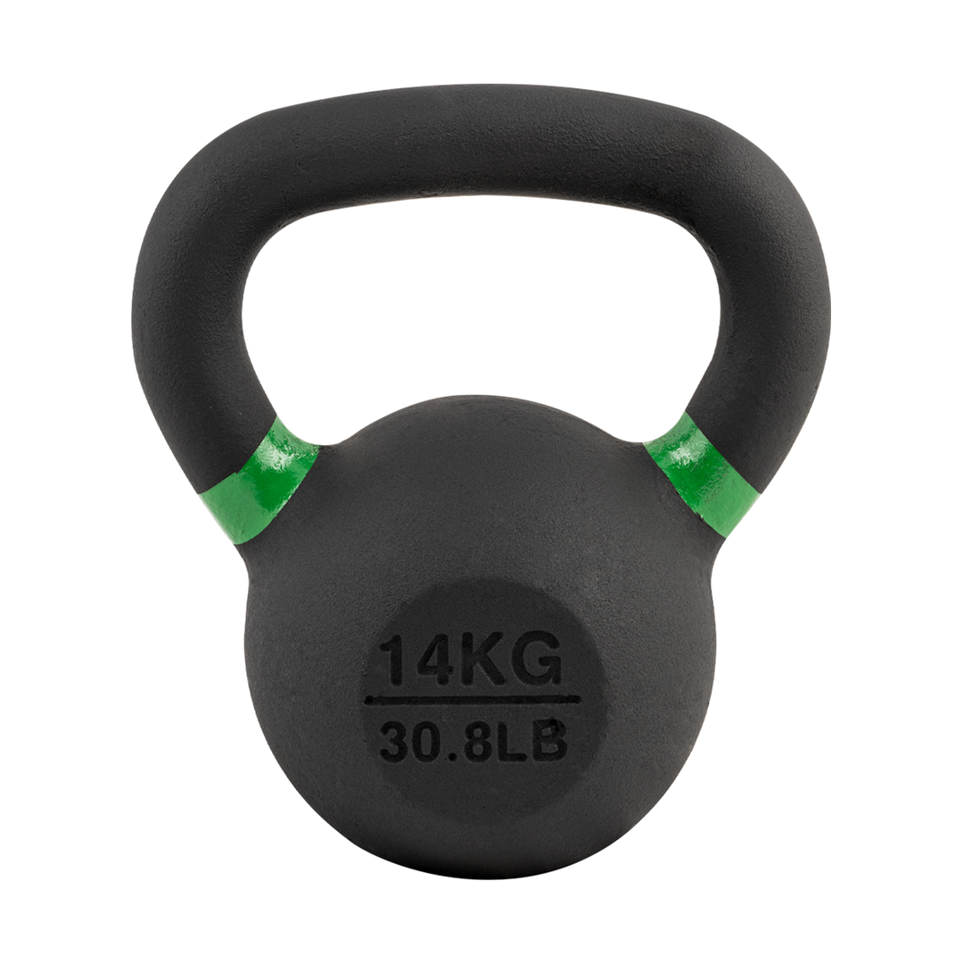 Black 14 kg powder coated kettlebell with green weight stripe and 30.8 lb label