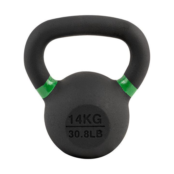 Black 14 kg powder coated kettlebell with green weight stripe and 30.8 lb label