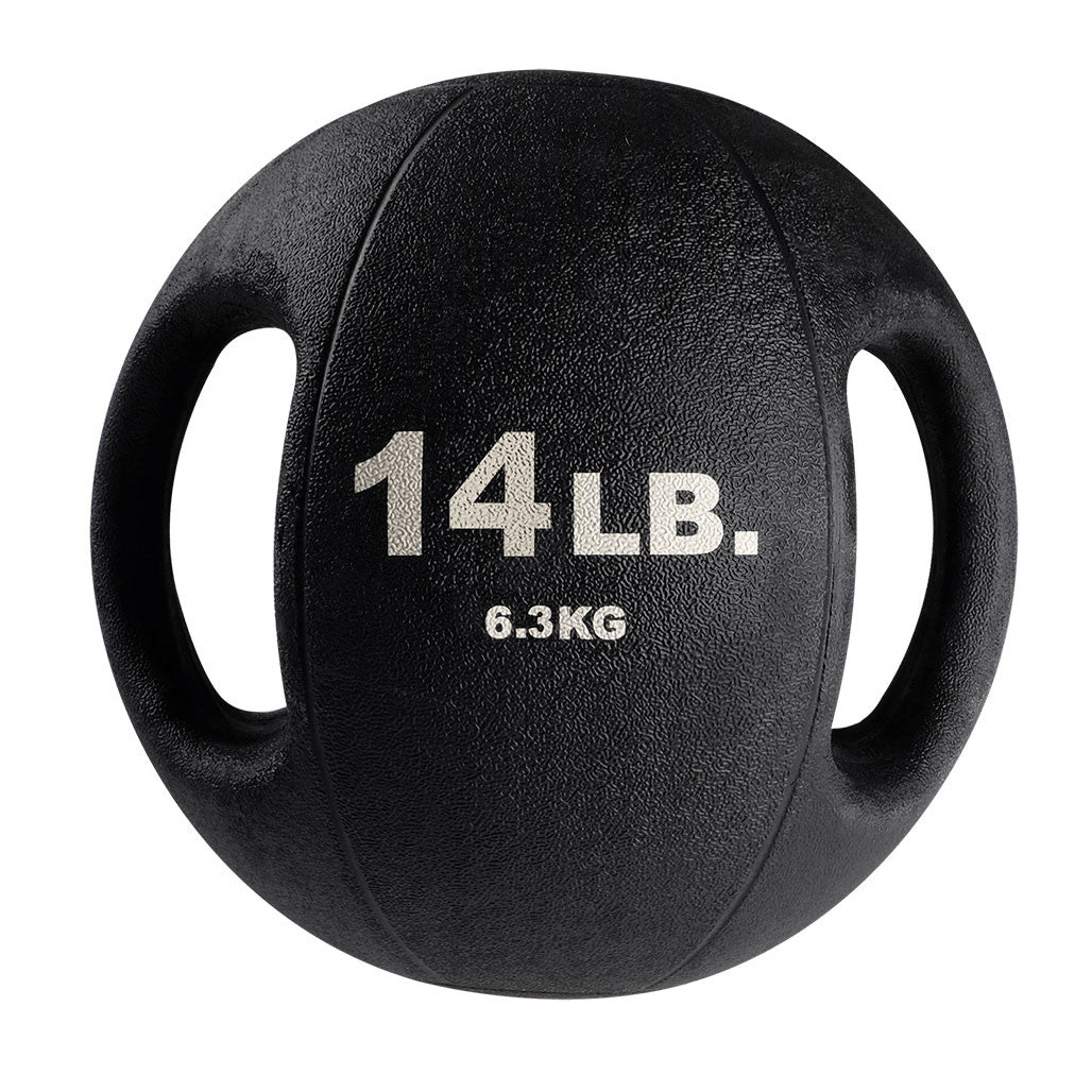 14 lb Body-Solid dual grip medicine ball with integrated rubber handles.