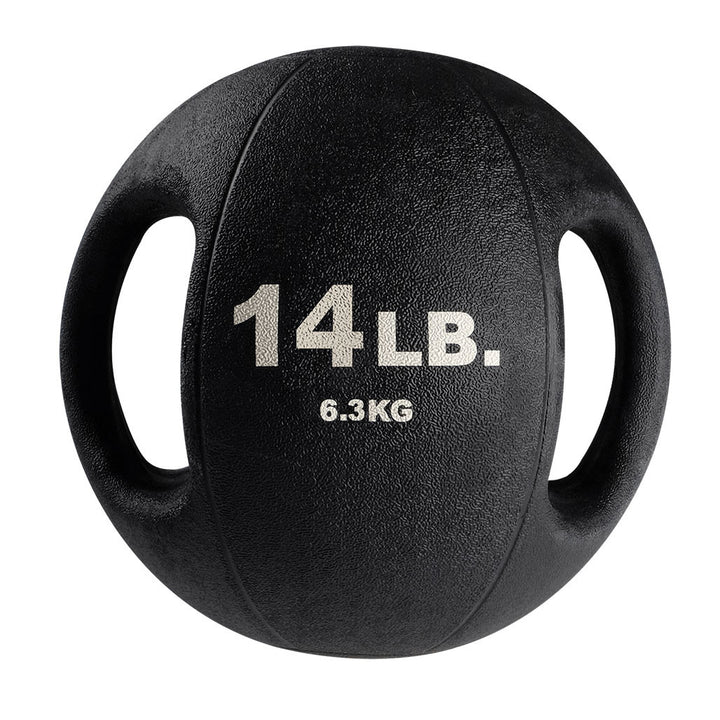14 lb Body-Solid dual grip medicine ball with integrated rubber handles.