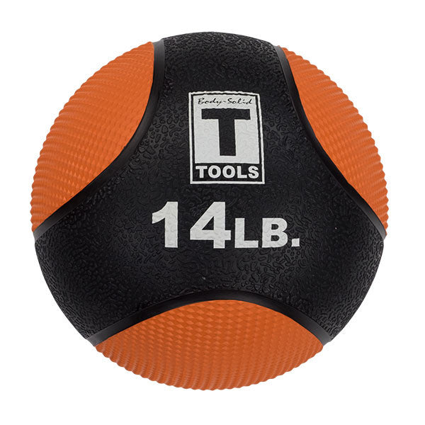 14 lb Body-Solid premium medicine ball with orange color-coded panels.