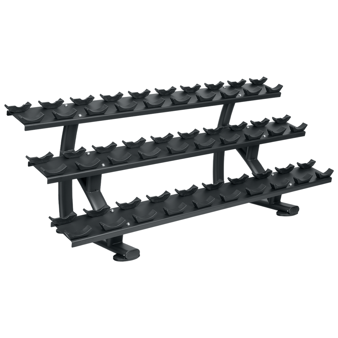 Black 15-pair saddle dumbbell rack with three storage tiers for round or 8-sided dumbbells