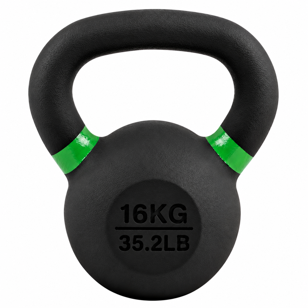 Black 16 kg powder coated kettlebell with green weight stripe and 35.2 lb label