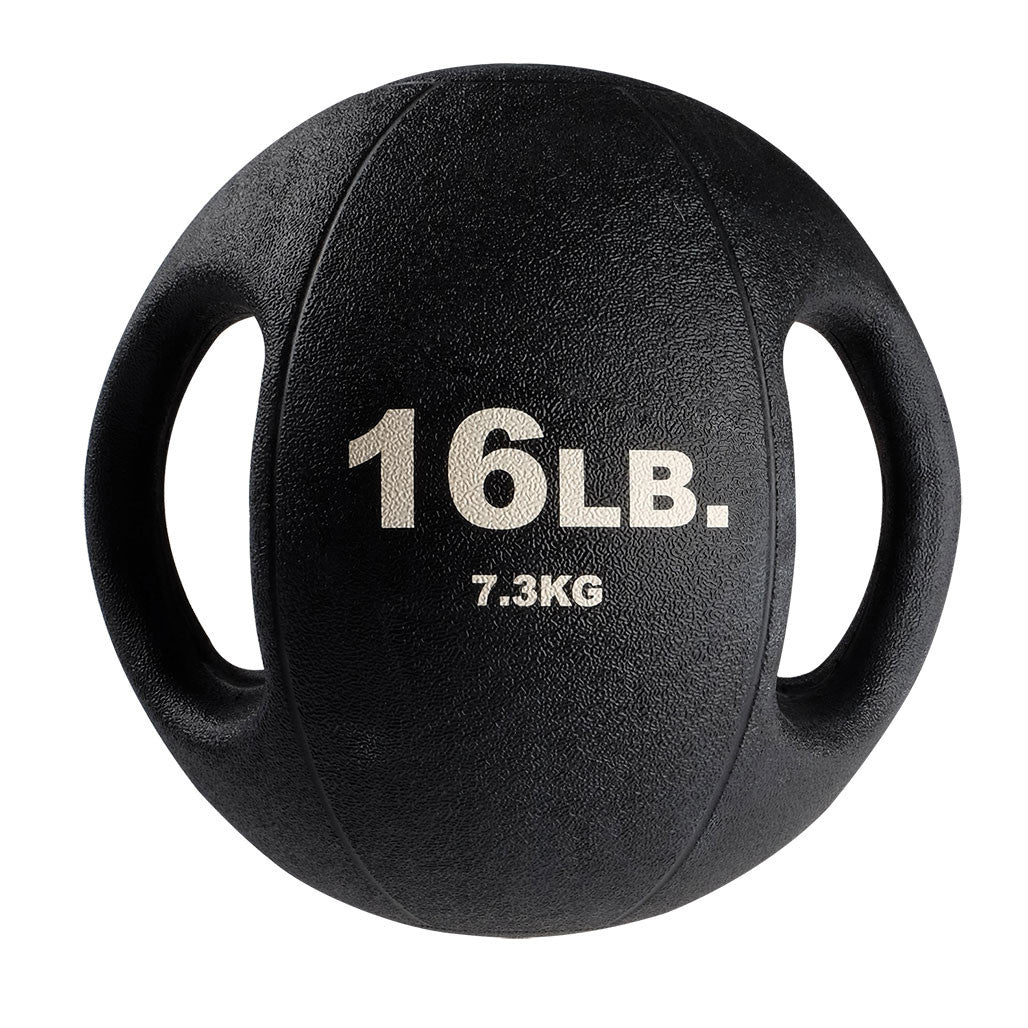 16 lb Body-Solid dual grip medicine ball with integrated rubber handles.
