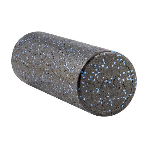 Black 18 x 6-inch round high-density foam roller for stretching and mobility exercises