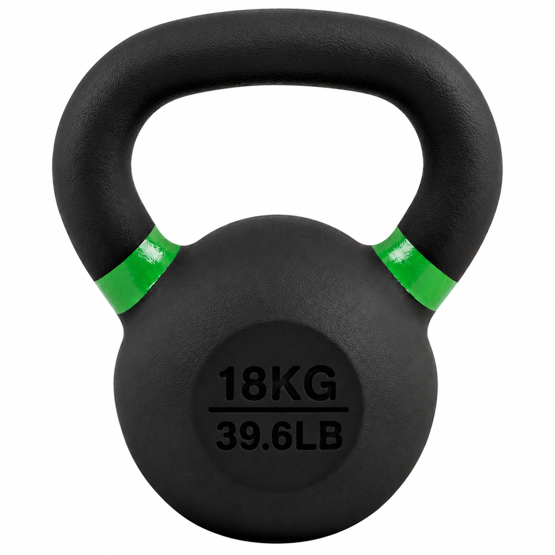 Black 18 kg powder coated kettlebell with green weight stripe and 39.6 lb label