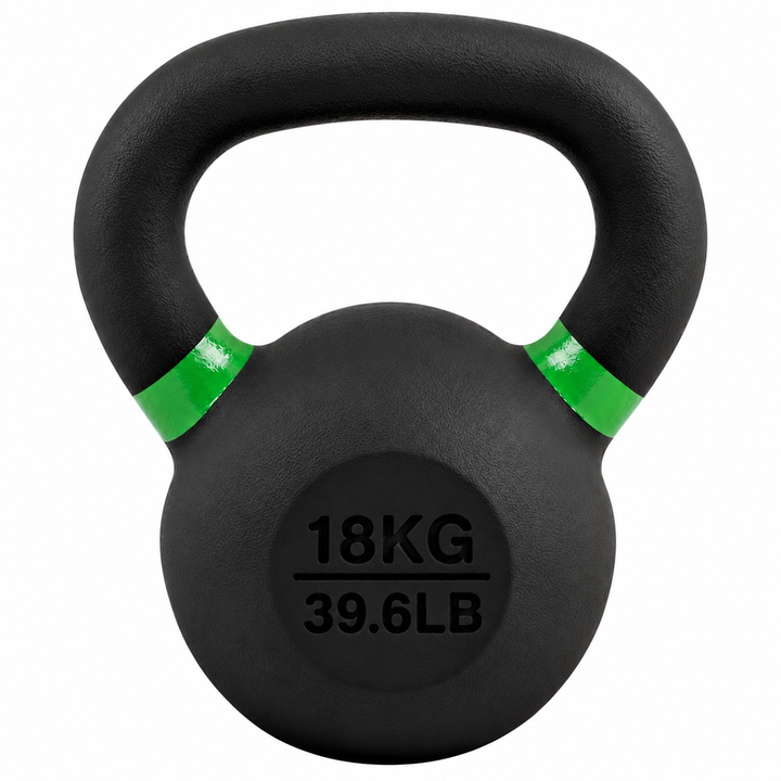 Black 18 kg powder coated kettlebell with green weight stripe and 39.6 lb label