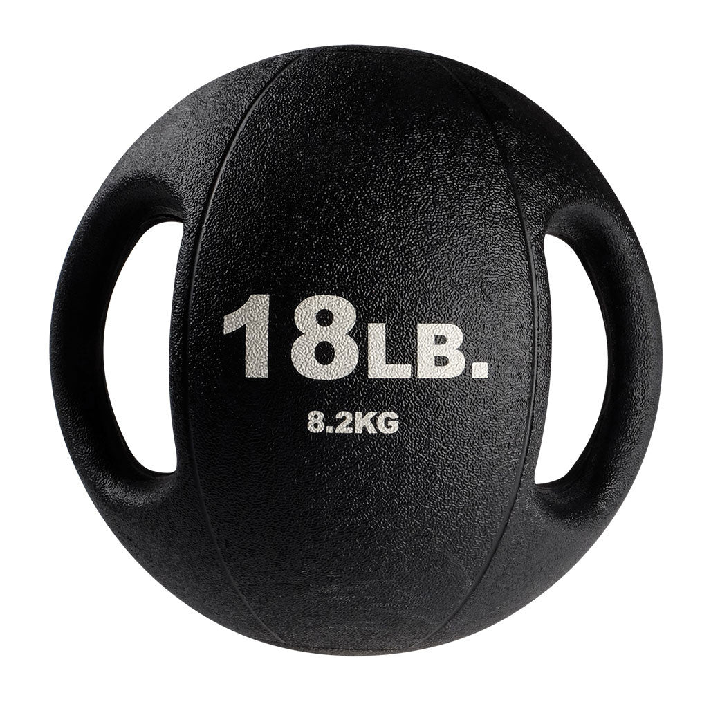 18 lb Body-Solid dual grip medicine ball with integrated rubber handles.