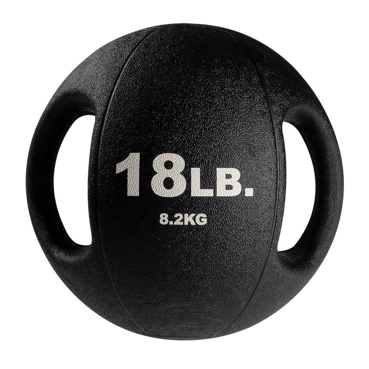 18 lb Body-Solid dual grip medicine ball with integrated rubber handles.