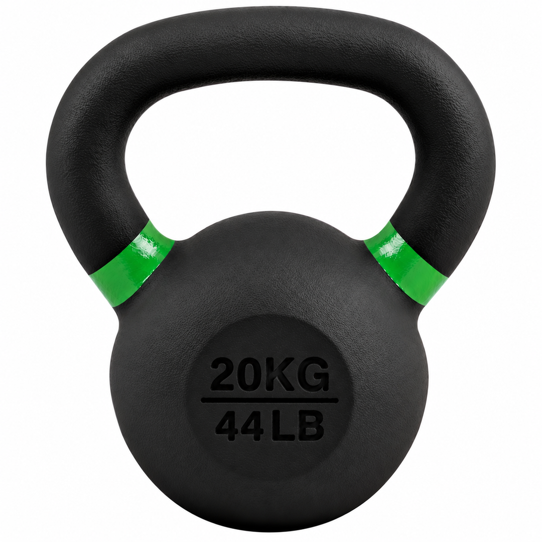 Black 20 kg powder coated kettlebell with green weight stripe and 44 lb label