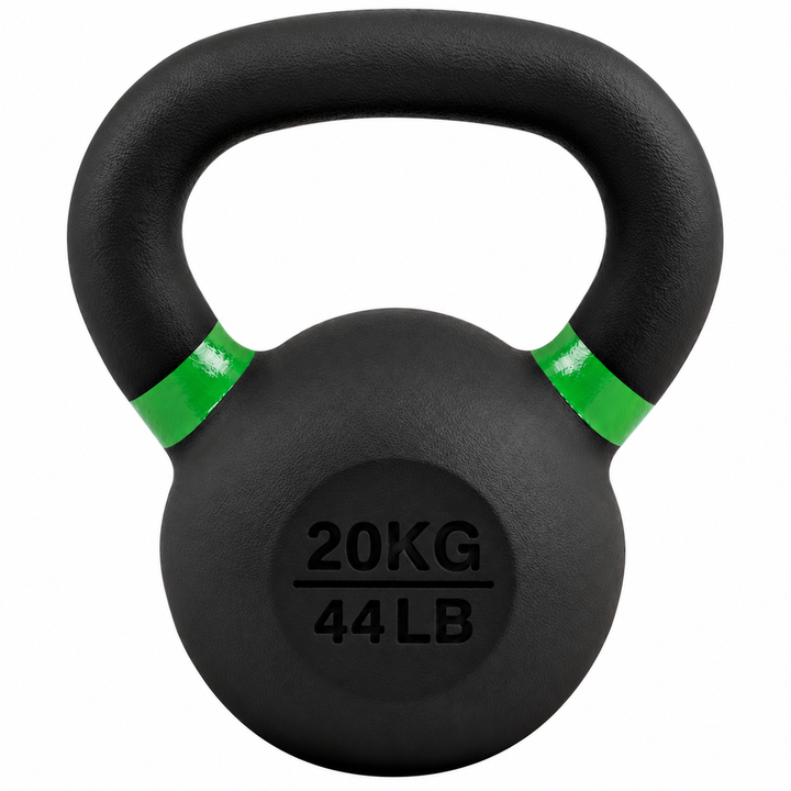 Black 20 kg powder coated kettlebell with green weight stripe and 44 lb label