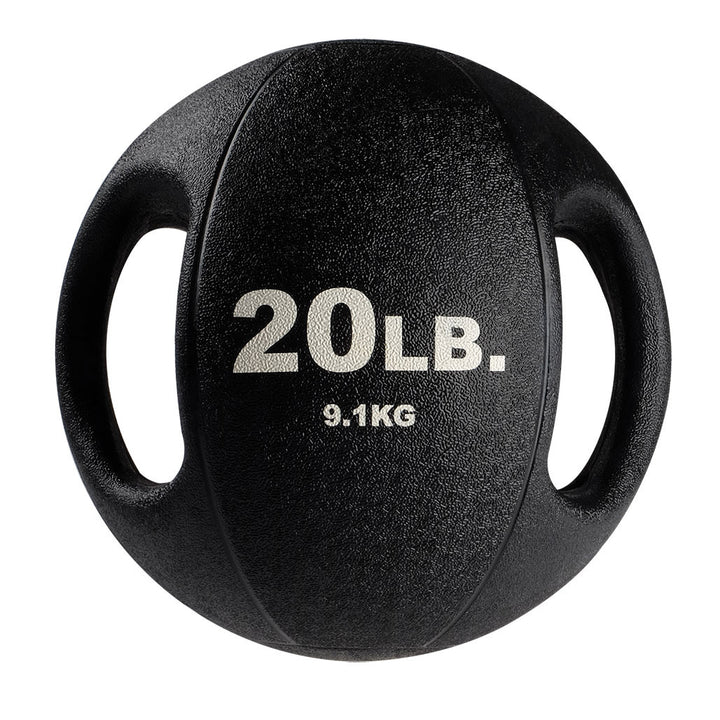 20 lb Body-Solid dual grip medicine ball with integrated rubber handles.