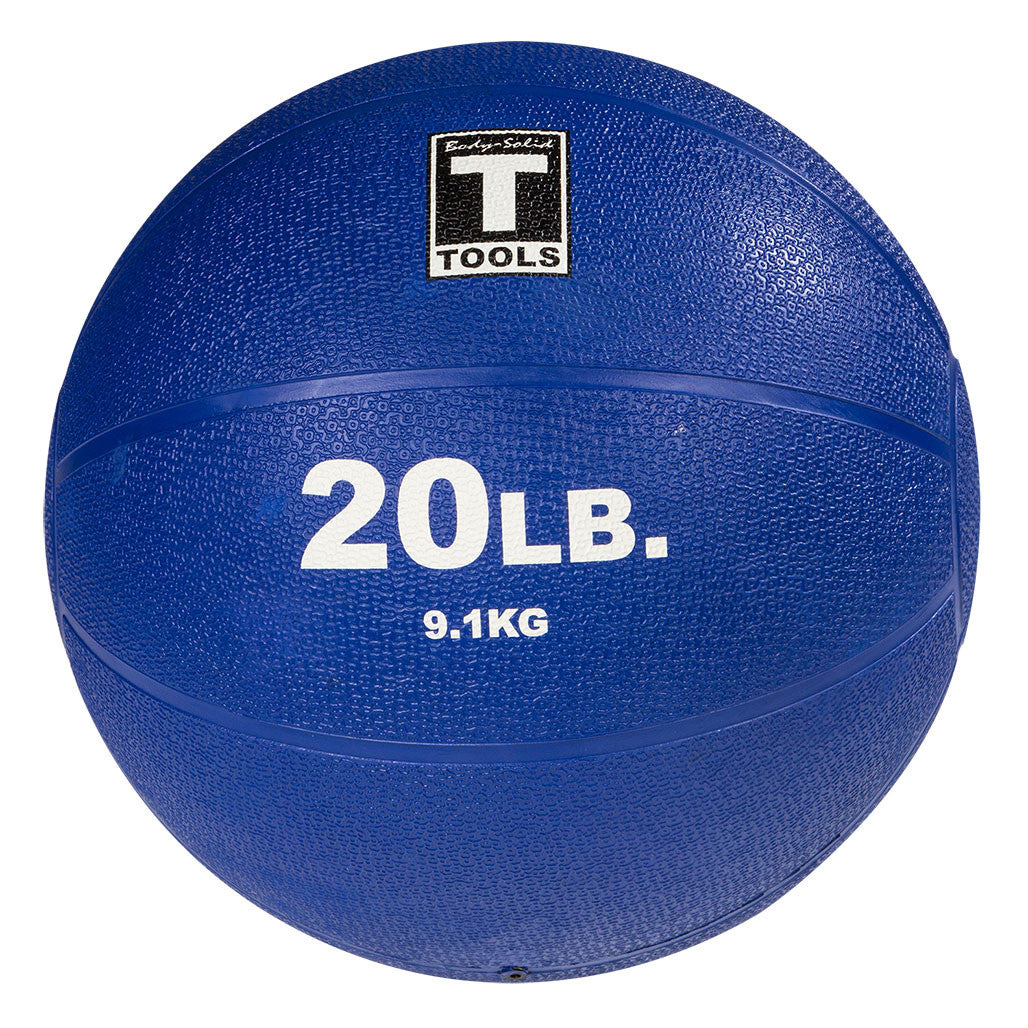 20 lb Body-Solid premium medicine ball with textured blue rubber surface.
