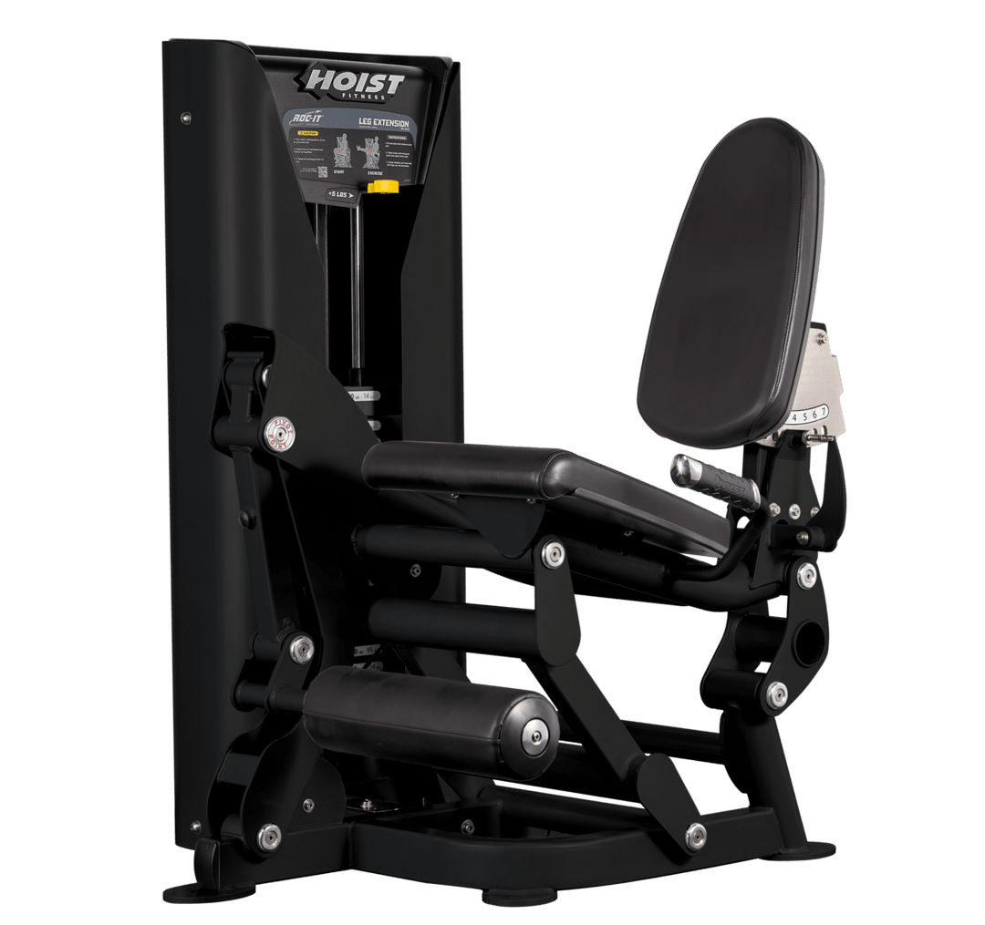 Hoist leg extension machine with adjustable seat, padded leg rollers, and weight stack system for quadriceps strengthening exercises