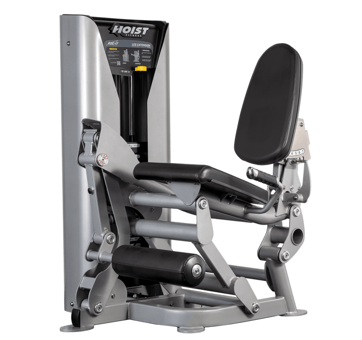 Hoist leg extension machine with adjustable seat, padded leg rollers, and weight stack system for quadriceps strengthening exercises
