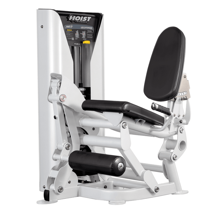 Hoist leg extension machine with adjustable seat, padded leg rollers, and weight stack system for quadriceps strengthening exercises