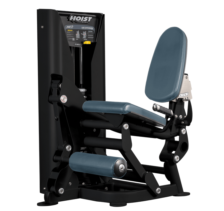 Hoist leg extension machine with adjustable seat, padded leg rollers, and weight stack system for quadriceps strengthening exercises