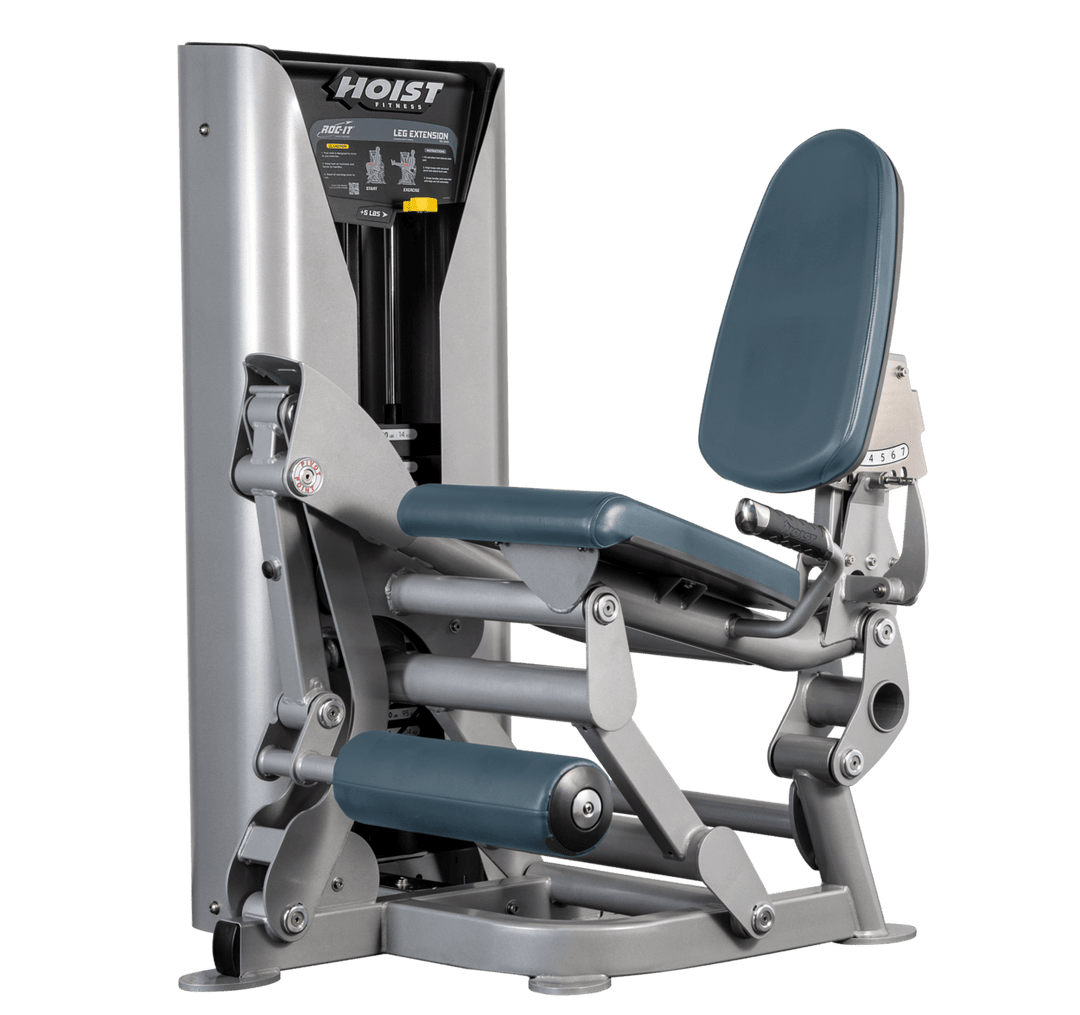 Hoist leg extension machine with adjustable seat, padded leg rollers, and weight stack system for quadriceps strengthening exercises