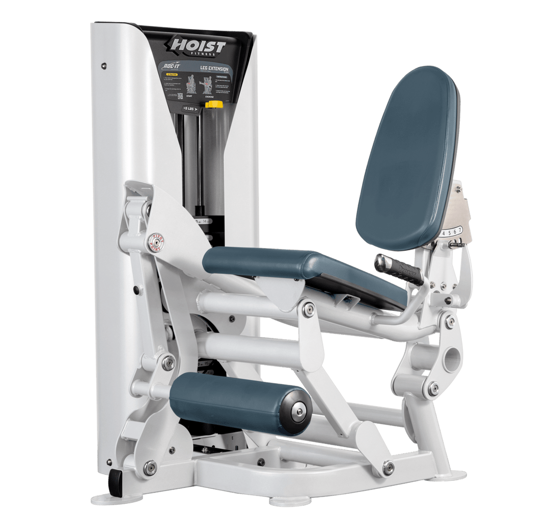 Hoist leg extension machine with adjustable seat, padded leg rollers, and weight stack system for quadriceps strengthening exercises
