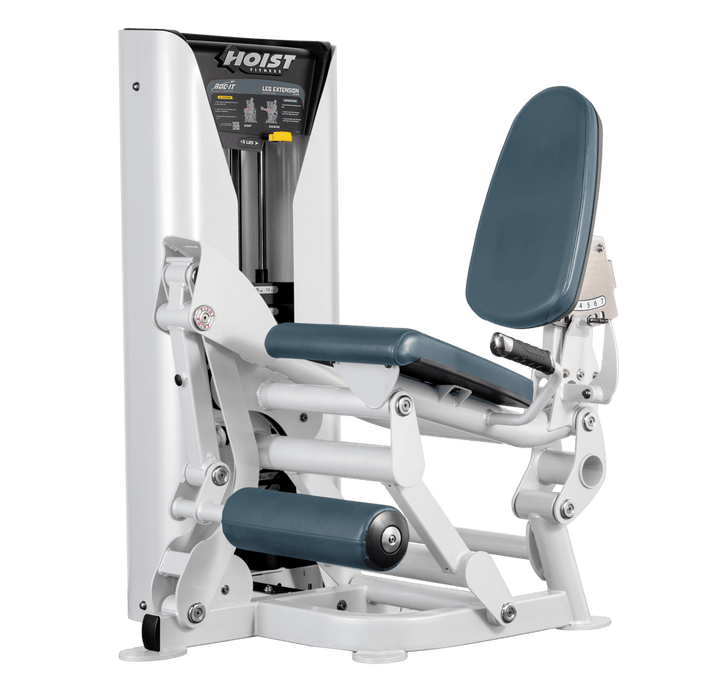 Hoist leg extension machine with adjustable seat, padded leg rollers, and weight stack system for quadriceps strengthening exercises