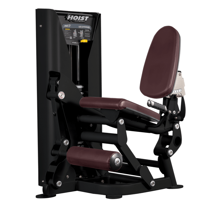Hoist leg extension machine with adjustable seat, padded leg rollers, and weight stack system for quadriceps strengthening exercises