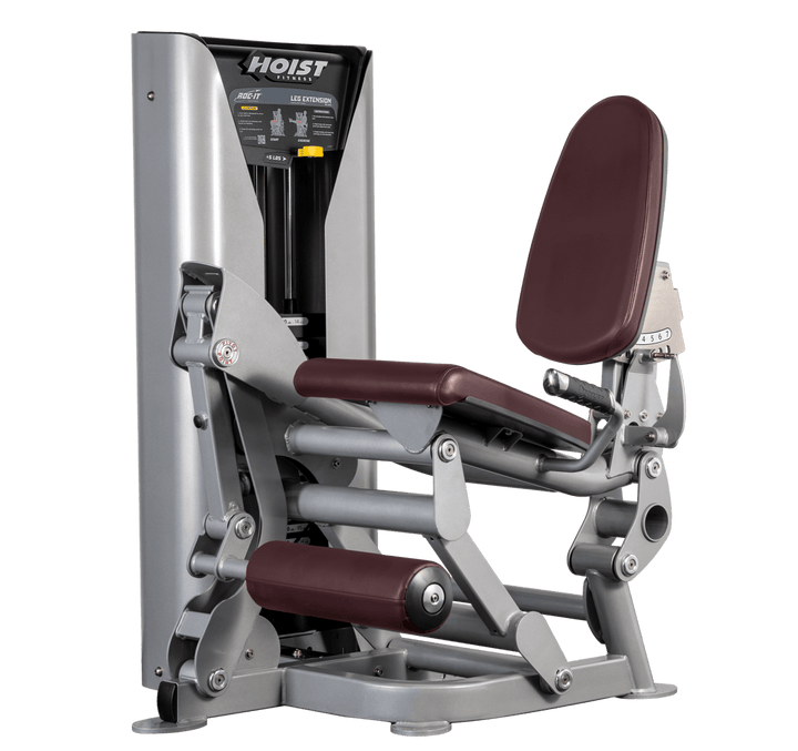Hoist leg extension machine with adjustable seat, padded leg rollers, and weight stack system for quadriceps strengthening exercises