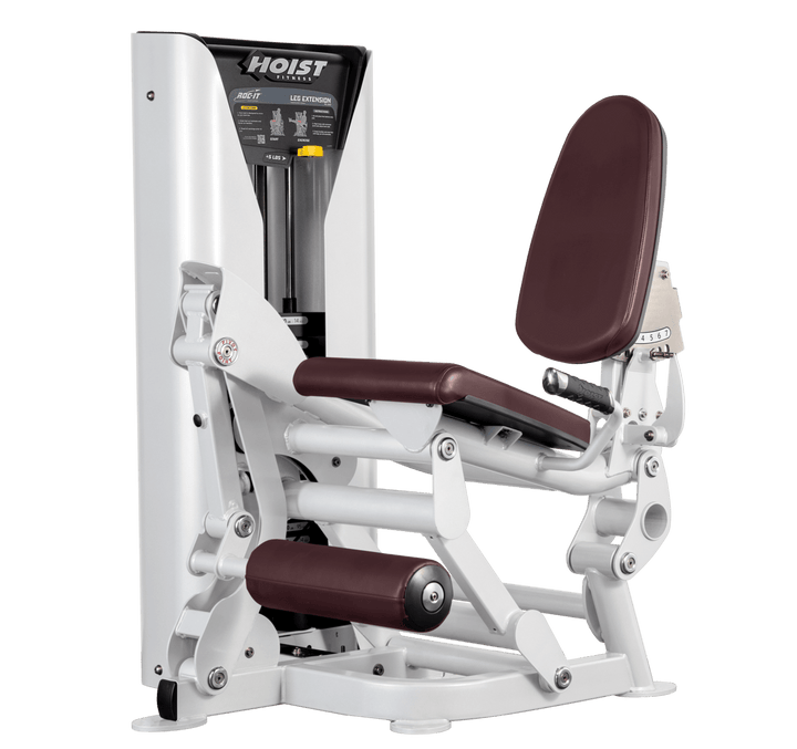 Hoist leg extension machine with adjustable seat, padded leg rollers, and weight stack system for quadriceps strengthening exercises