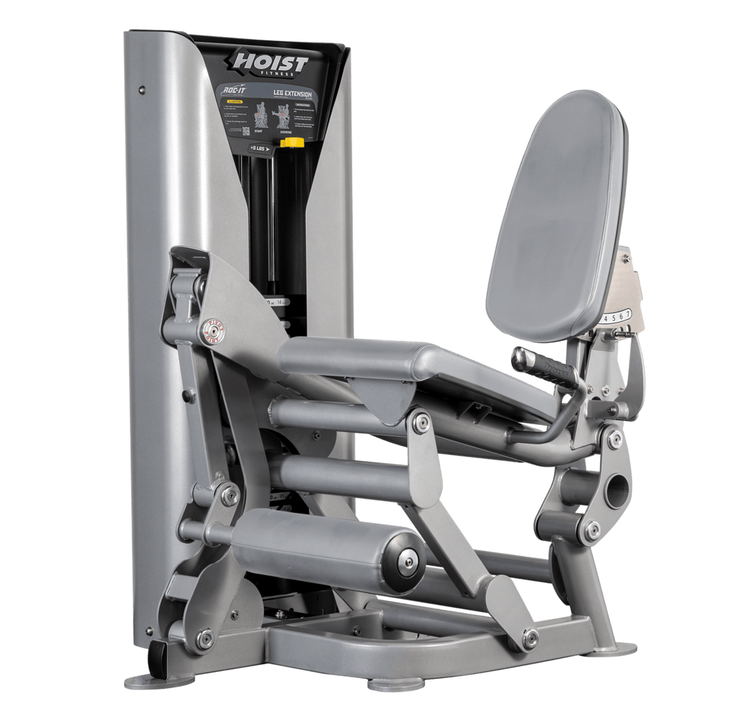 Hoist leg extension machine with adjustable seat, padded leg rollers, and weight stack system for quadriceps strengthening exercises
