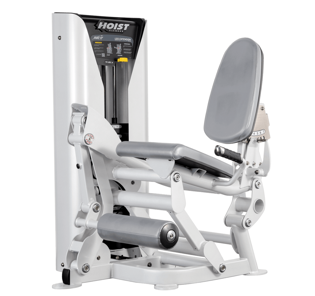 Hoist leg extension machine with adjustable seat, padded leg rollers, and weight stack system for quadriceps strengthening exercises