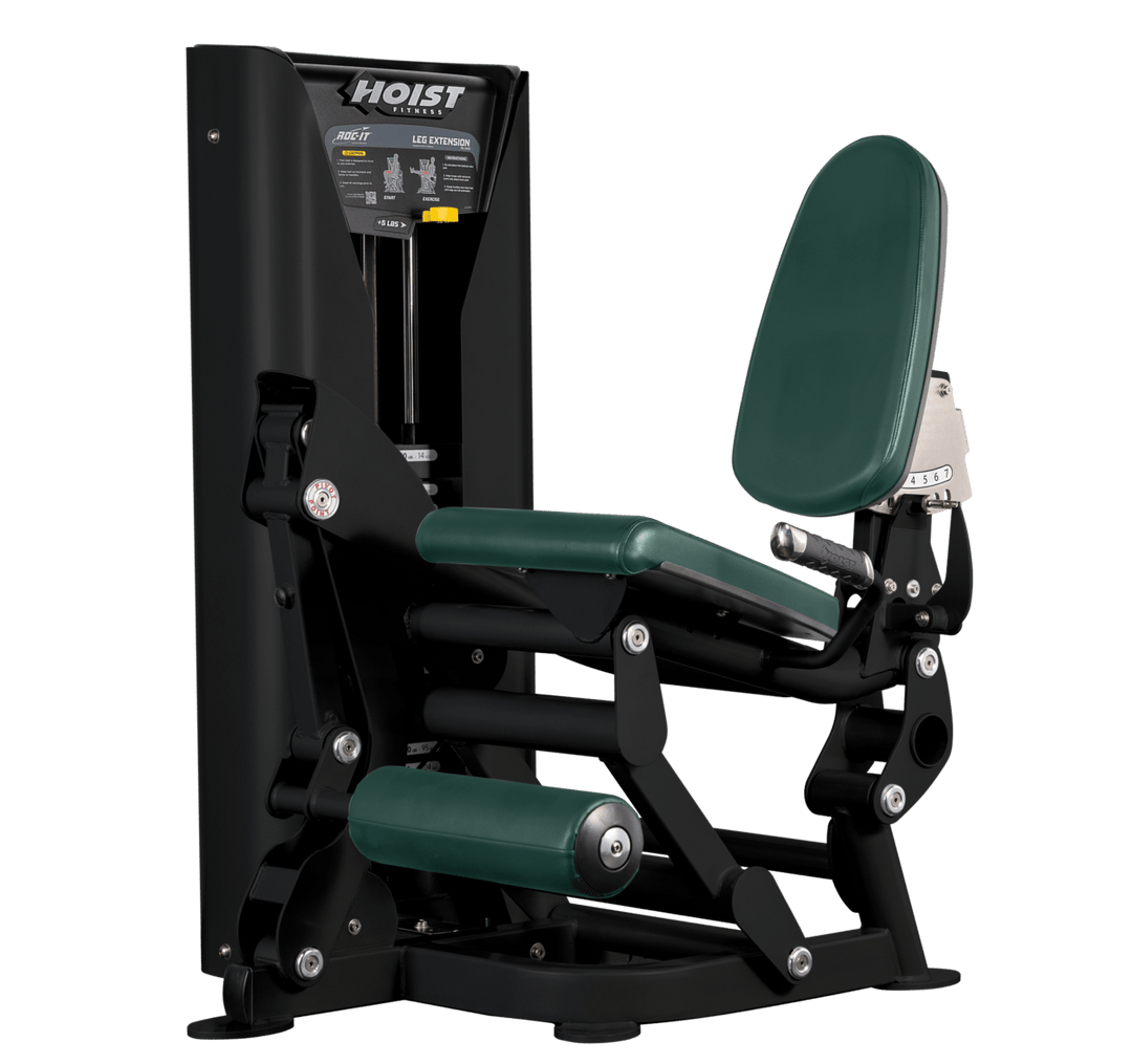Hoist leg extension machine with adjustable seat, padded leg rollers, and weight stack system for quadriceps strengthening exercises