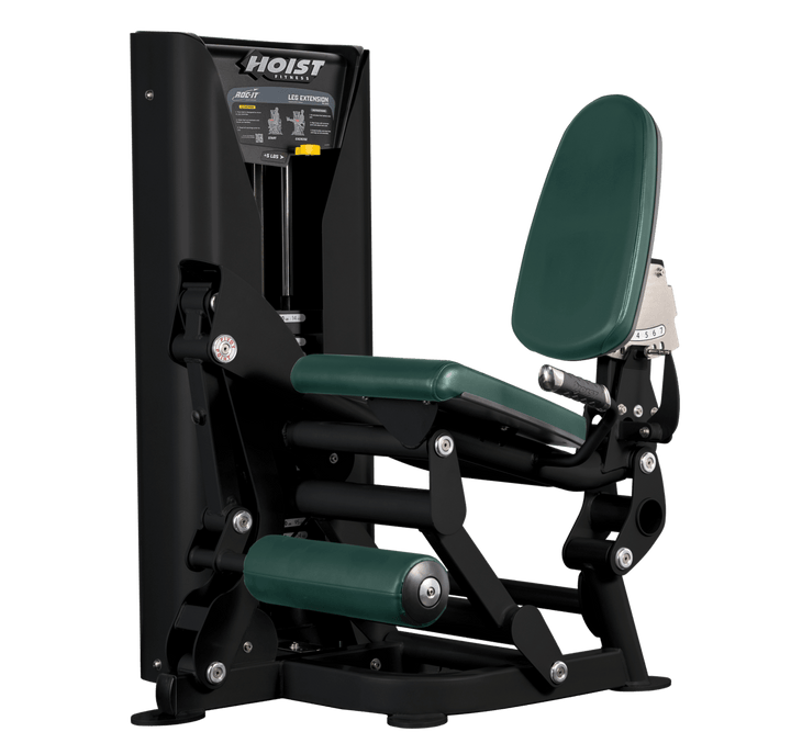 Hoist leg extension machine with adjustable seat, padded leg rollers, and weight stack system for quadriceps strengthening exercises