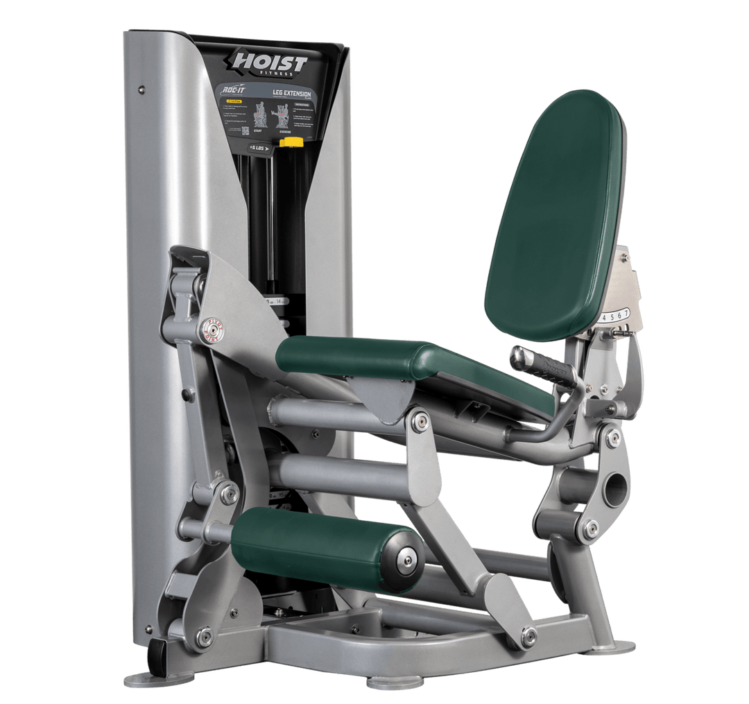 Hoist leg extension machine with adjustable seat, padded leg rollers, and weight stack system for quadriceps strengthening exercises
