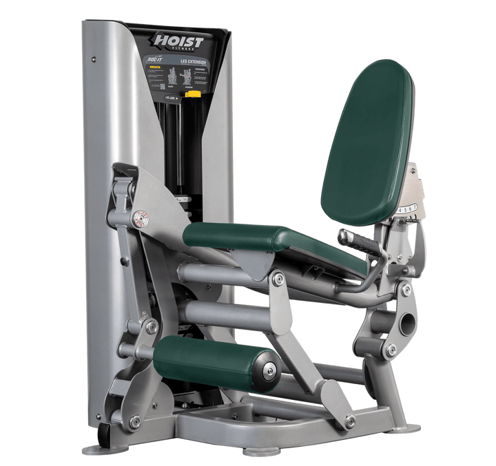 Hoist leg extension machine with adjustable seat, padded leg rollers, and weight stack system for quadriceps strengthening exercises