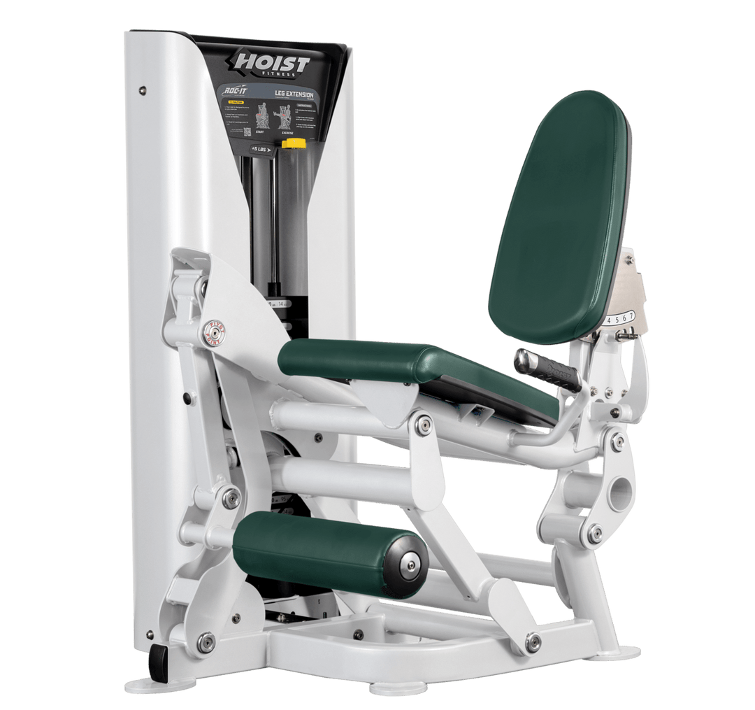 Hoist leg extension machine with adjustable seat, padded leg rollers, and weight stack system for quadriceps strengthening exercises